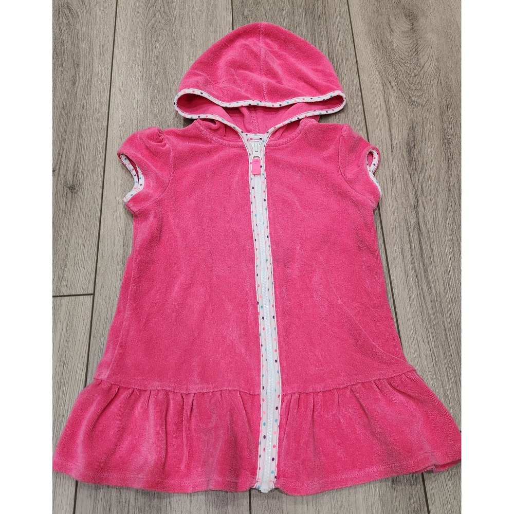 Girls Pink Terry Cloth Hooded Swim Cover Up Dress Full Zip Ruffle 4T Pool Beach